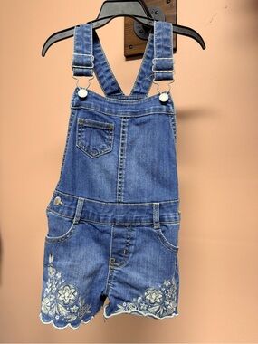 Genuine Kids OshKosh Toddler Girls Denim Overall Shorts Embroidered Floral
